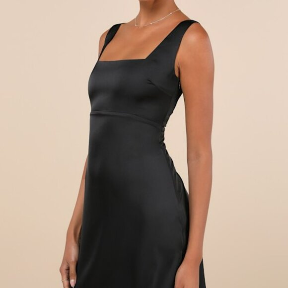 Lulus Truly The Cutest Black Satin Square Neck Mini Dress - Size M - Picture 1 of 1